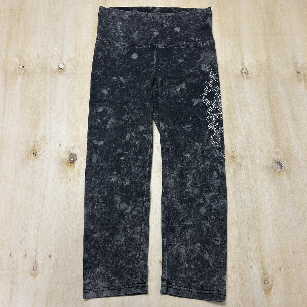Y2K Paris Angel Leggings Womens M Black High Rise Capri Rhinestone Jersey Pants